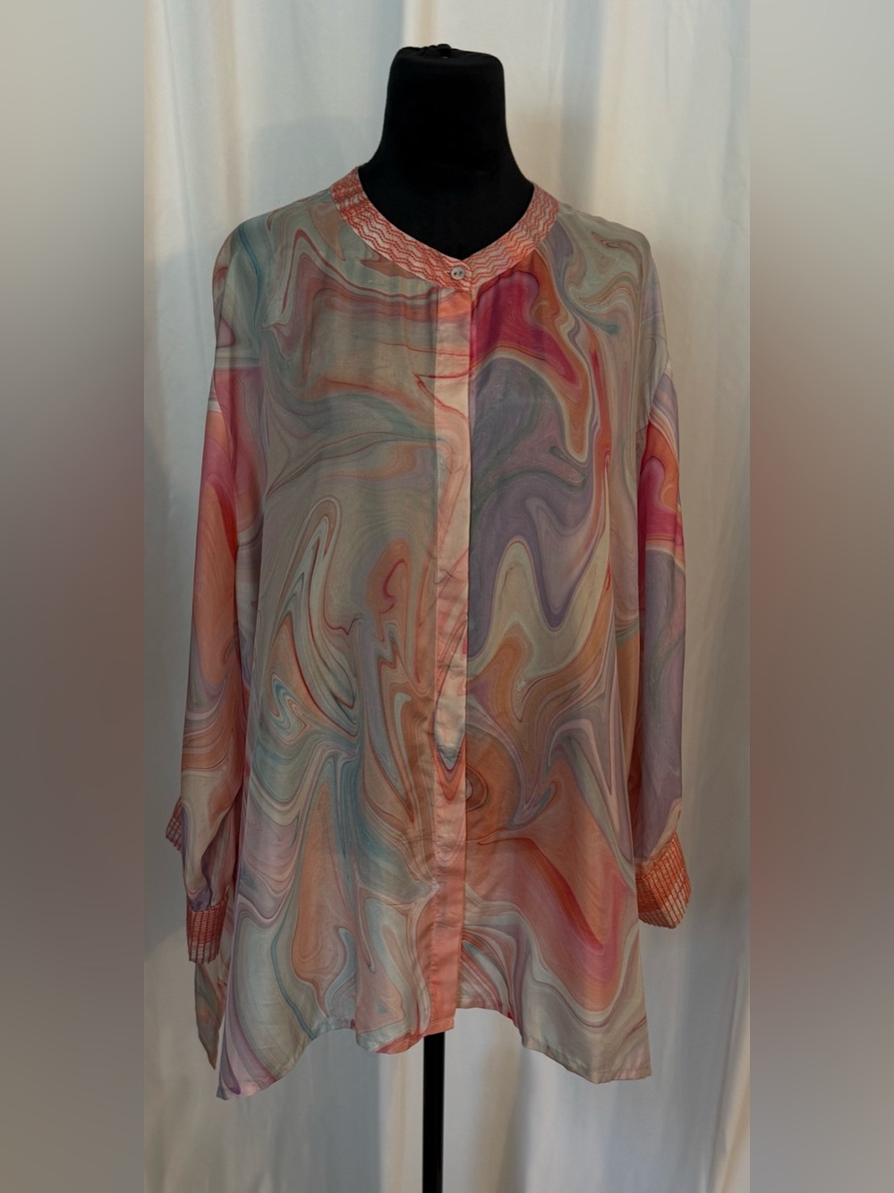 Johnny Was Workshop Pastel Watercolor Swirl Tunic Blouse Boho Button Front
